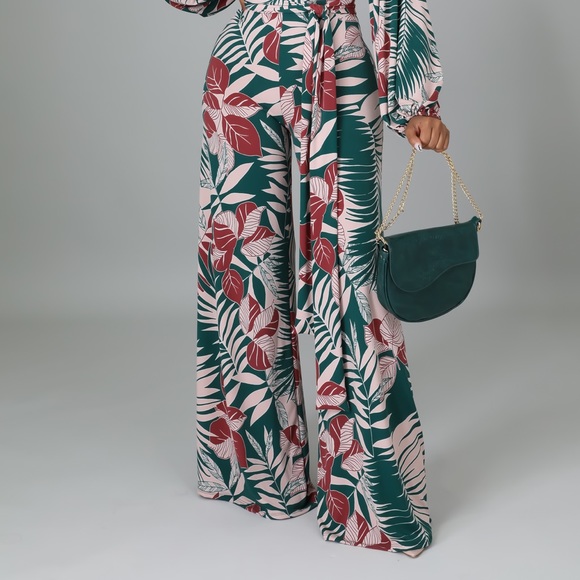 Pink and Green Long Sleeve Tropical Print Jumpsuit - Picture 4 of 10